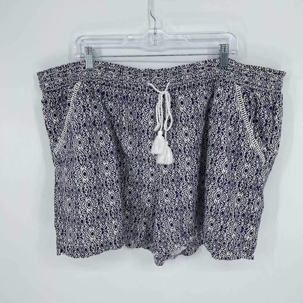 Briggs Women's Blue Geometric Linen Blend Drawstring Shorts Size 3X
